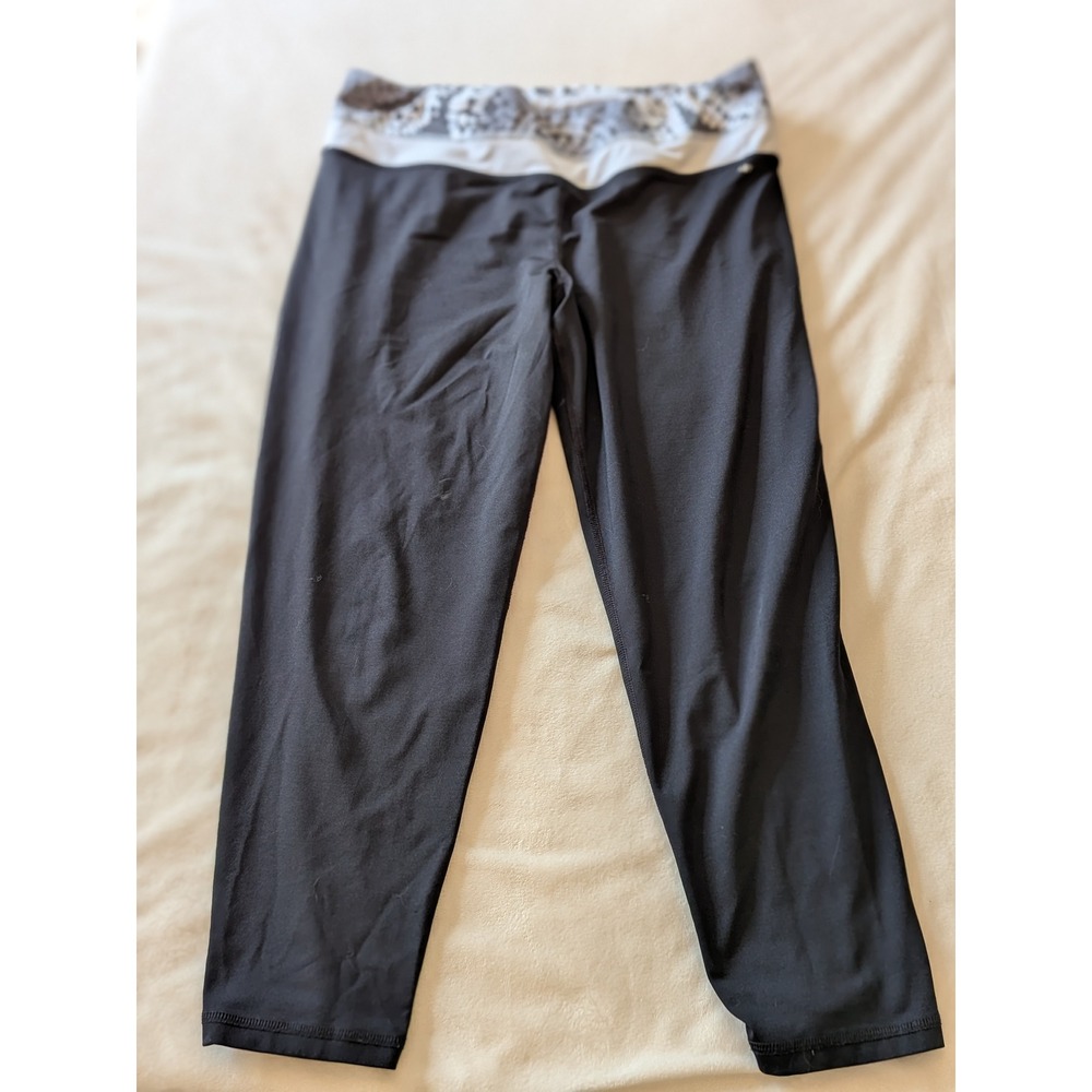 Danskin Now Black Capri Leggings Large Gray Patterned Fold Over Waist Athletic